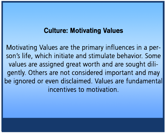 Culture: Motivating Values Motivating Values are the primary influences in a person’s life, which initiate and stimulate behavior. Some values are assigned great worth and are sought diligently. Others are not considered important and may be ignored or even disclaimed. Values are fundamental incentives to motivation.