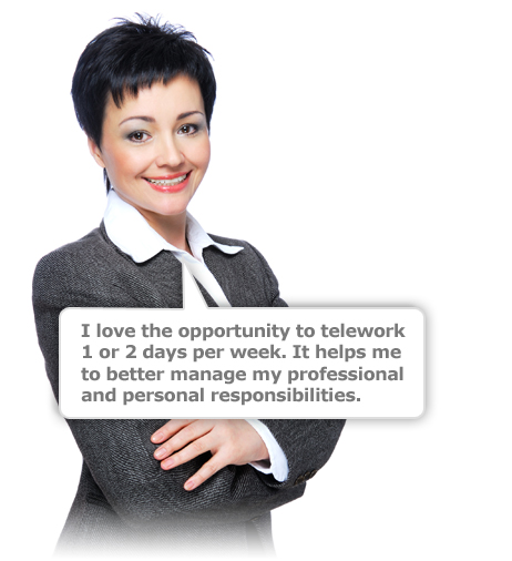 Photo of a woman dressed in business attire, with a conversation bubble that says:

I love the opportunity to telework 1 or 2 days per week. It helps me to better manage my professional and personal responsibilities. 
