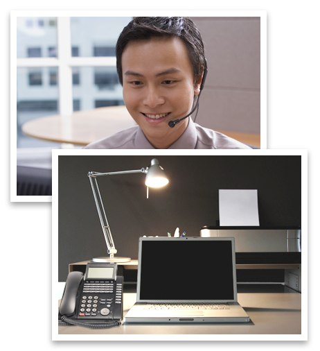 Two photos, one of a man with a headset and another photo that shows a home office desk with a laptop, printer, telephone and lamp.